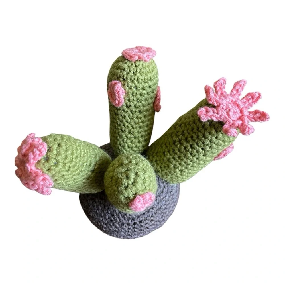 Handmade Crochet Blooming Cactus in Pot Succulent with Pink‎ Flowers Home Decor